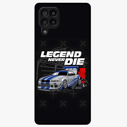 Midnight Racing Legacy Glass Case showing flat back view with sleek racing inspired artwork and glossy glass finish.