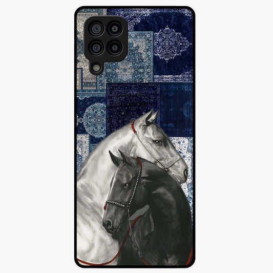 Midnight Stallion Blues Glass Case showing flat back view with majestic horse artwork and glossy glass finish.
