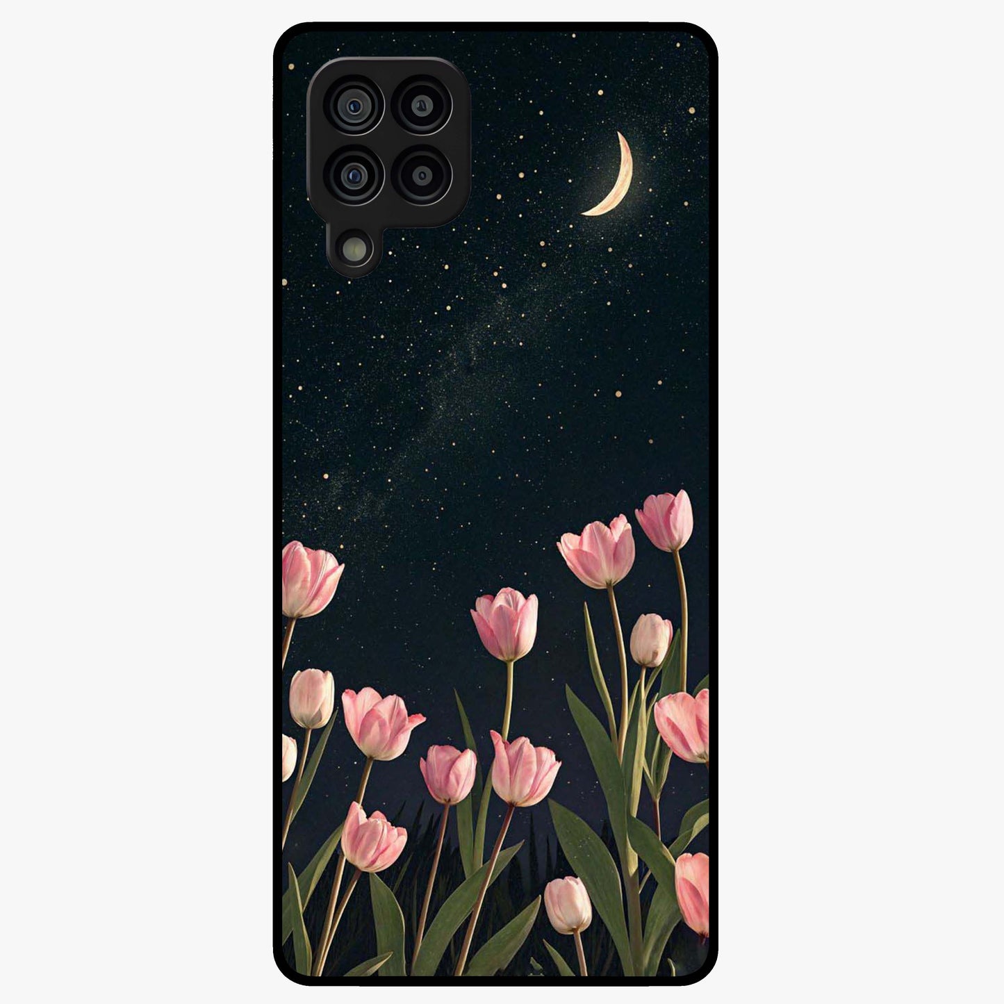 Midnight Tulip Whispers Vibe Glass Case showing flat back view with elegant tulip flower artwork and glossy glass finish.