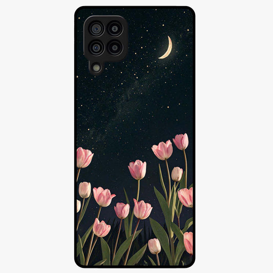 Midnight Tulip Whispers Vibe Glass Case showing flat back view with elegant tulip flower artwork and glossy glass finish.