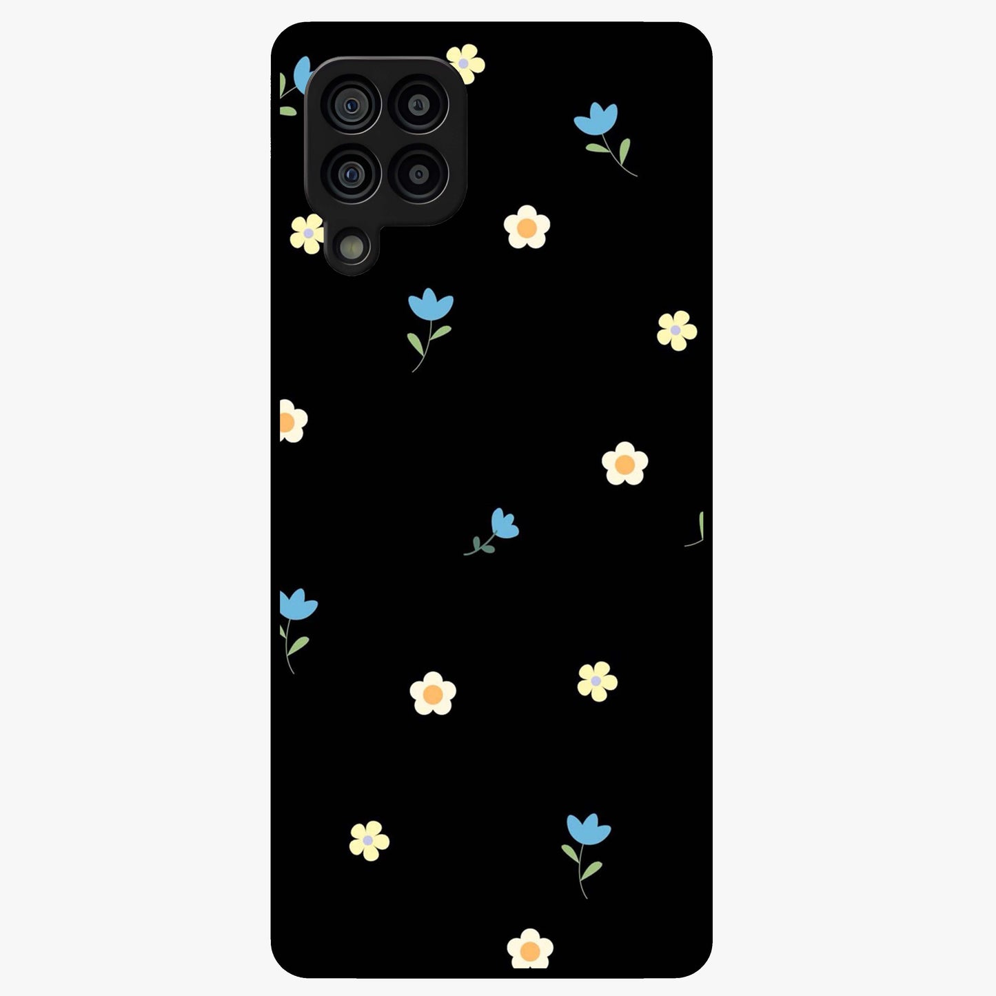 Minimalistic Blue With White Flower Pattern Glass Case showing flat back view with blue background and white flower pattern and glossy glass finish.