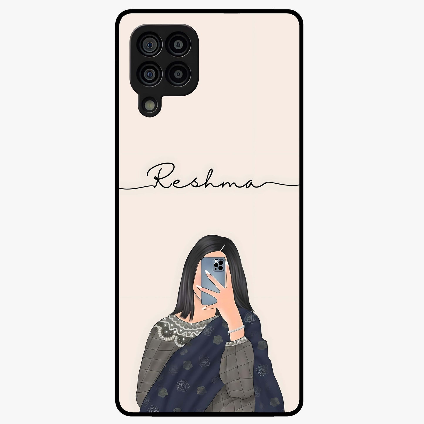 Mirror Mood Muse With Custom Name Glass Case showing flat back view with stylish mirrored artwork and personalized name design.