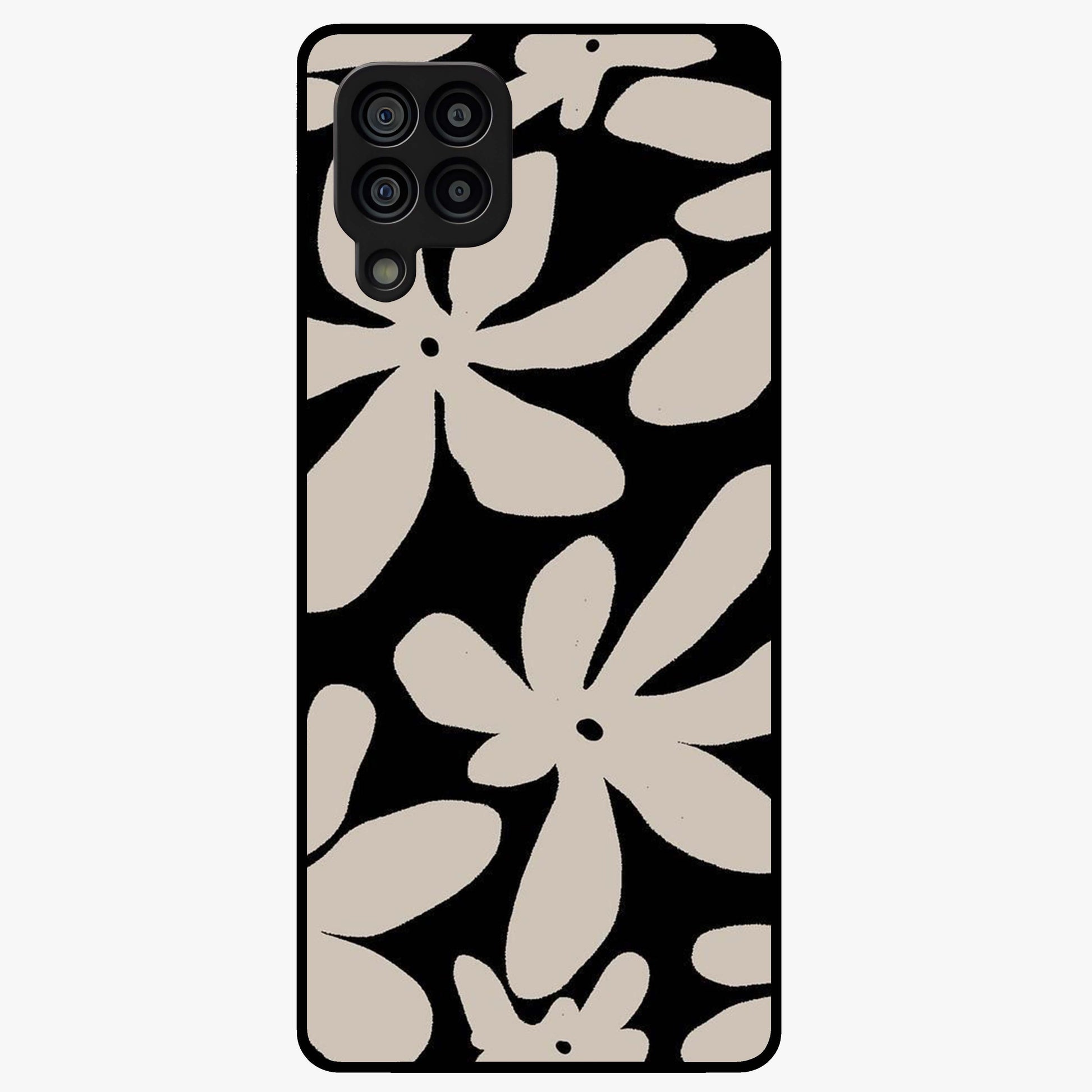 Monochrome Petal Dance Glass Case showing flat back view with monochrome floral artwork and glossy glass finish.