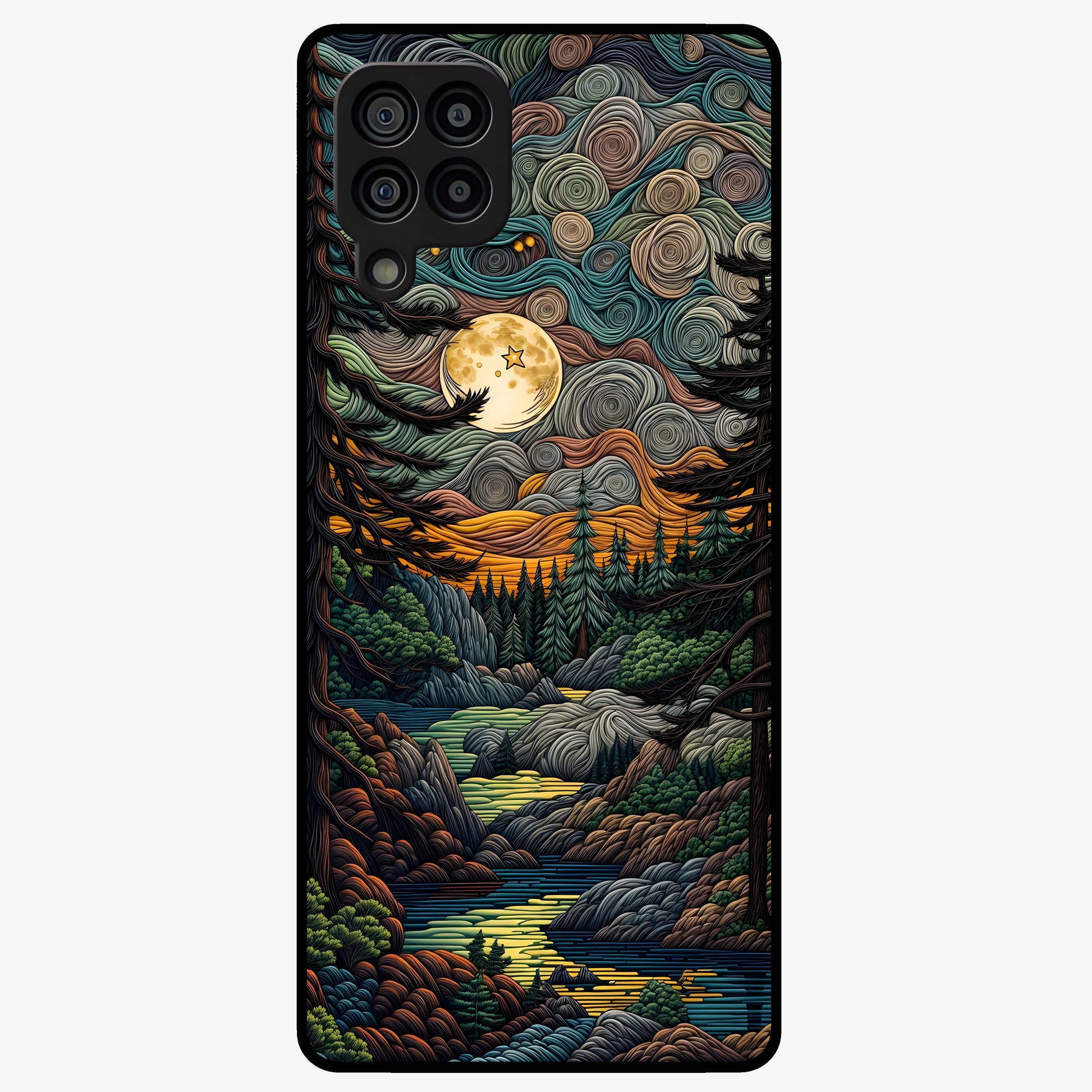 Moonlight Forest Dream Glass Case showing flat back view with mystical forest moonlight artwork and glossy glass finish.