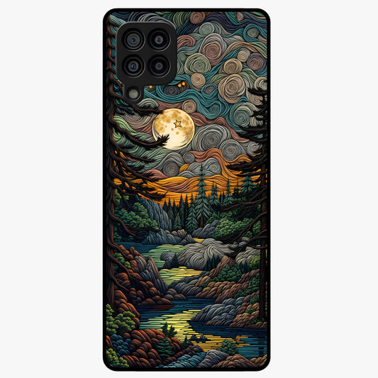 Moonlight Forest Dream Glass Case showing flat back view with mystical forest moonlight artwork and glossy glass finish.