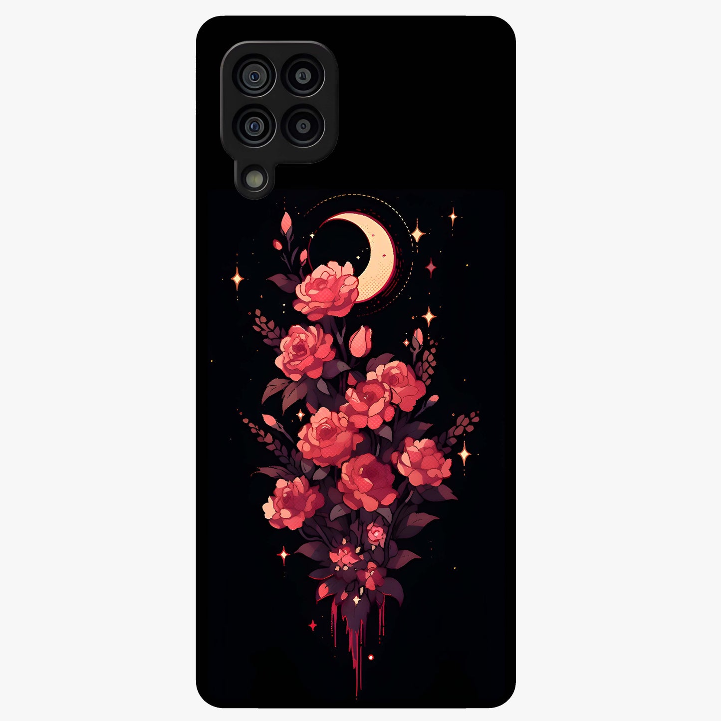 Moonlit Floral Elegance Glass Case showing flat back view with elegant floral artwork under moonlit tones and glossy glass finish.