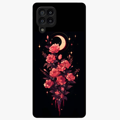 Moonlit Floral Elegance Glass Case showing flat back view with elegant floral artwork under moonlit tones and glossy glass finish.