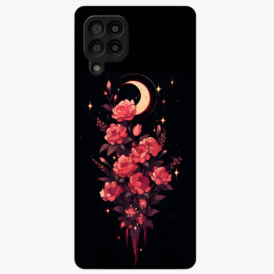 Moonlit Floral Elegance Glass Case showing flat back view with elegant floral artwork under moonlit tones and glossy glass finish.