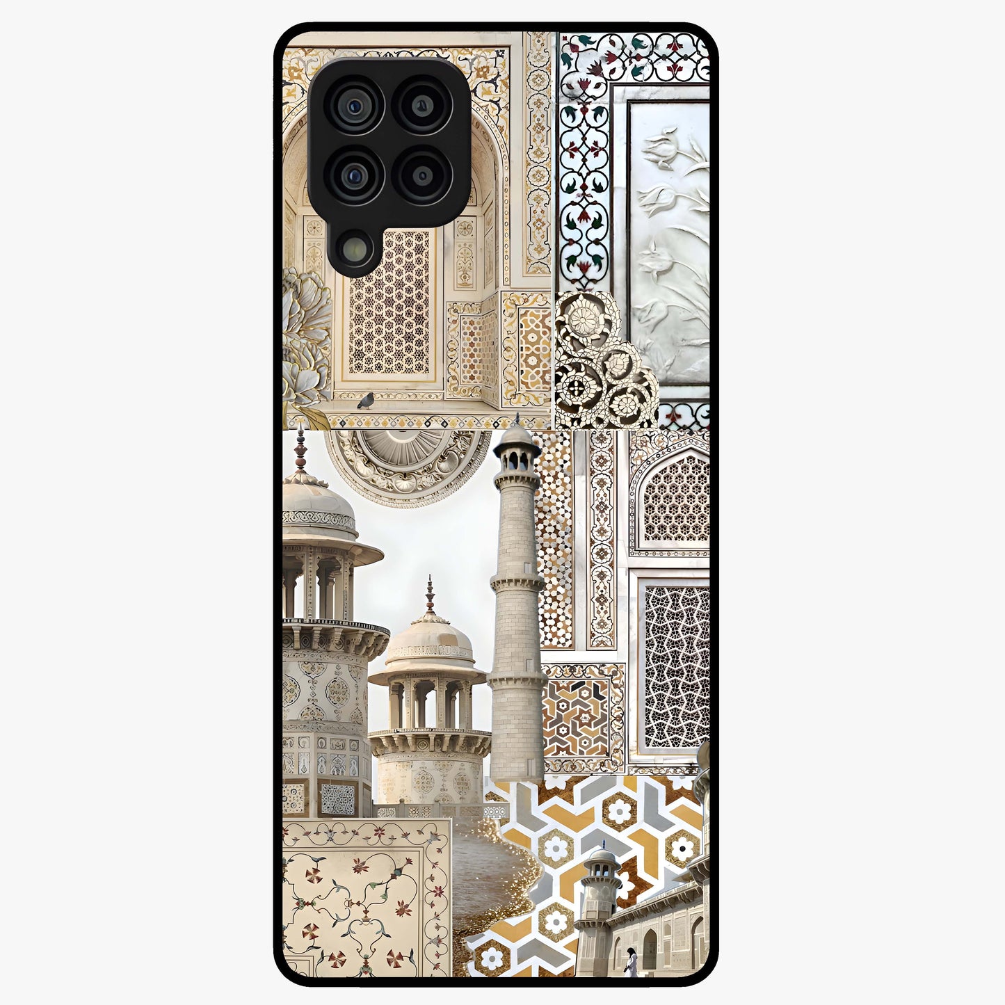 Mughal Marble Legacy Glass Case showing flat back view with intricate Mughal inspired marble pattern and glossy glass finish.