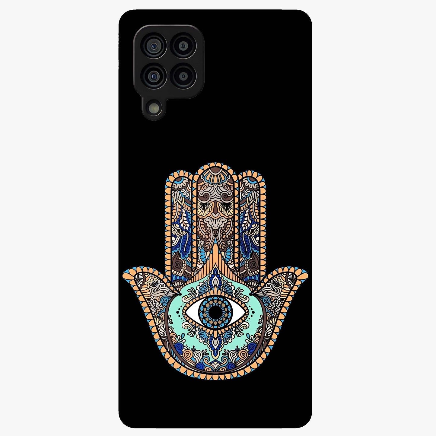 Mystic Hamsa Eye Glass Case showing flat back view with protective hamsa hand and evil eye artwork and glossy glass finish.