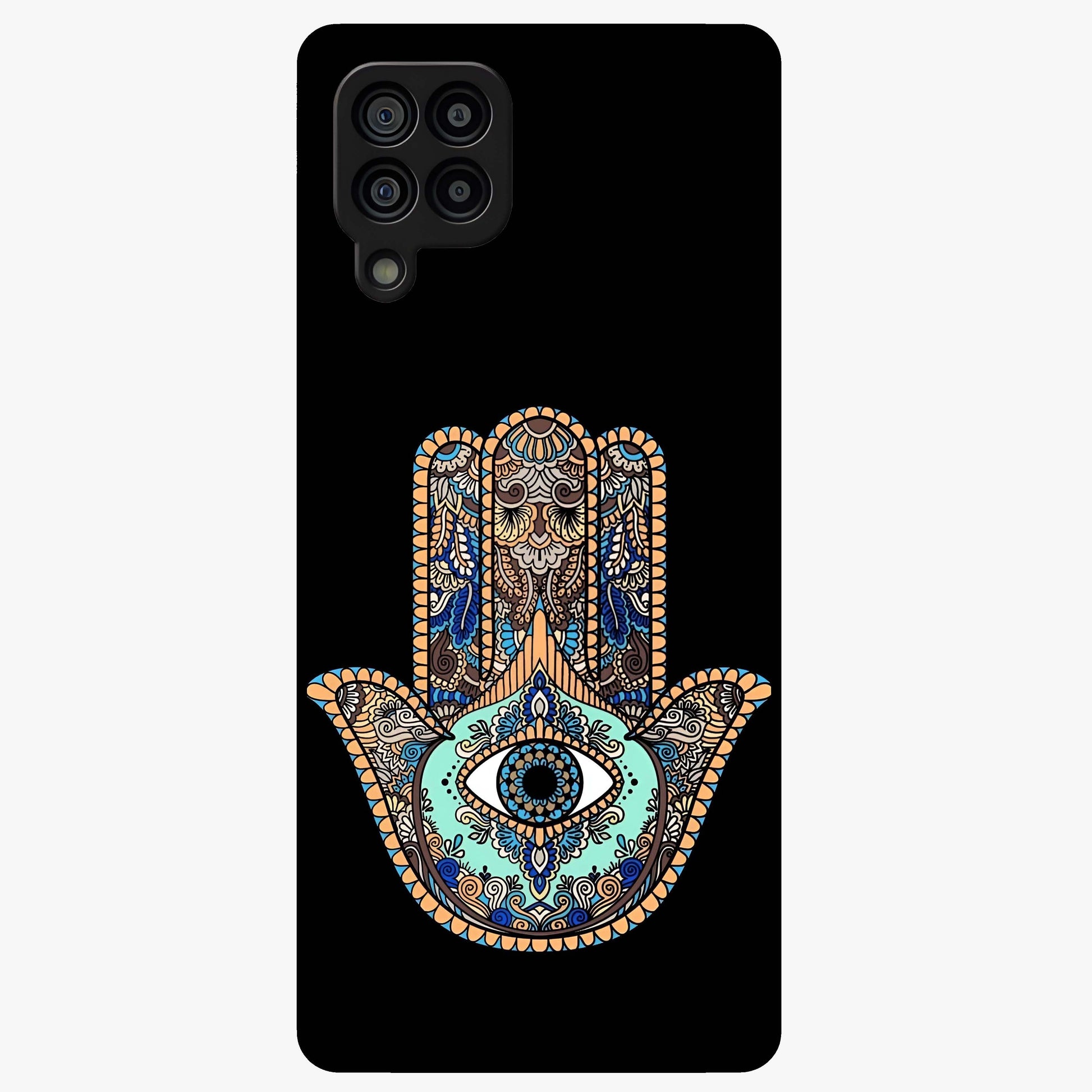 Mystic Hamsa Eye Glass Case showing flat back view with protective hamsa hand and evil eye artwork and glossy glass finish.