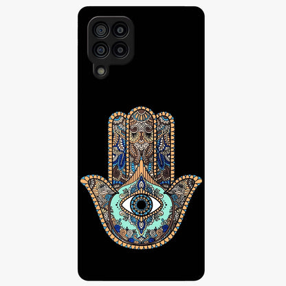 Mystic Hamsa Eye Glass Case showing flat back view with protective hamsa hand and evil eye artwork and glossy glass finish.