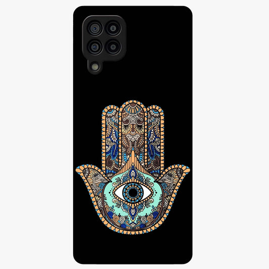 Mystic Hamsa Eye Glass Case showing flat back view with protective hamsa hand and evil eye artwork and glossy glass finish.