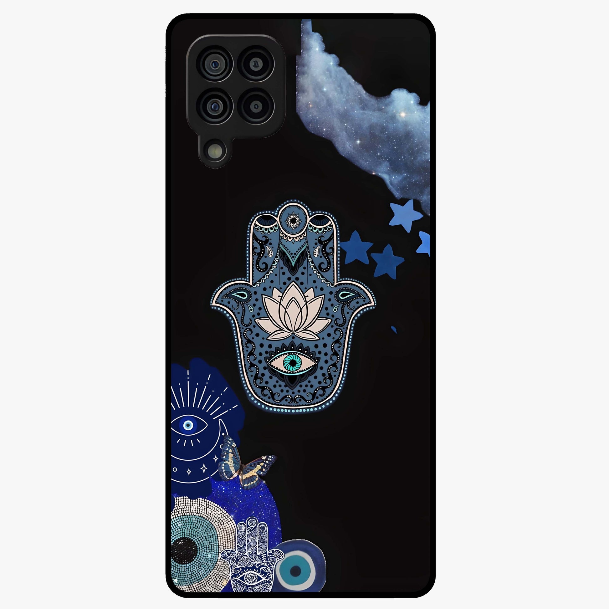 Mystic Hand Aura Glass Case showing flat back view with mystical hand symbol artwork and glossy glass finish.