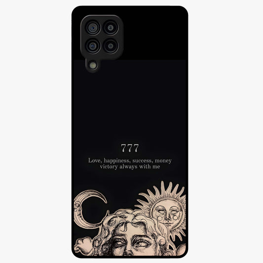 Mystic Victory Aura Glass Case showing flat back view with victory symbol artwork and glossy glass finish.