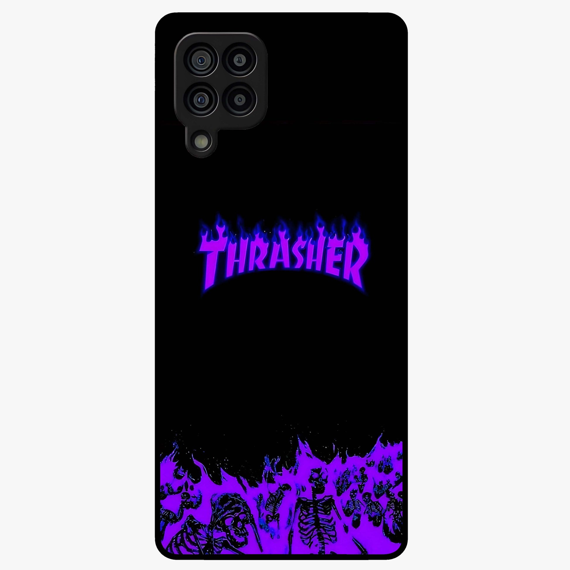 Neon Flame Riot Glass Case showing flat back view with neon flame artwork and glossy glass finish.