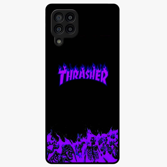 Neon Flame Riot Glass Case showing flat back view with neon flame artwork and glossy glass finish.
