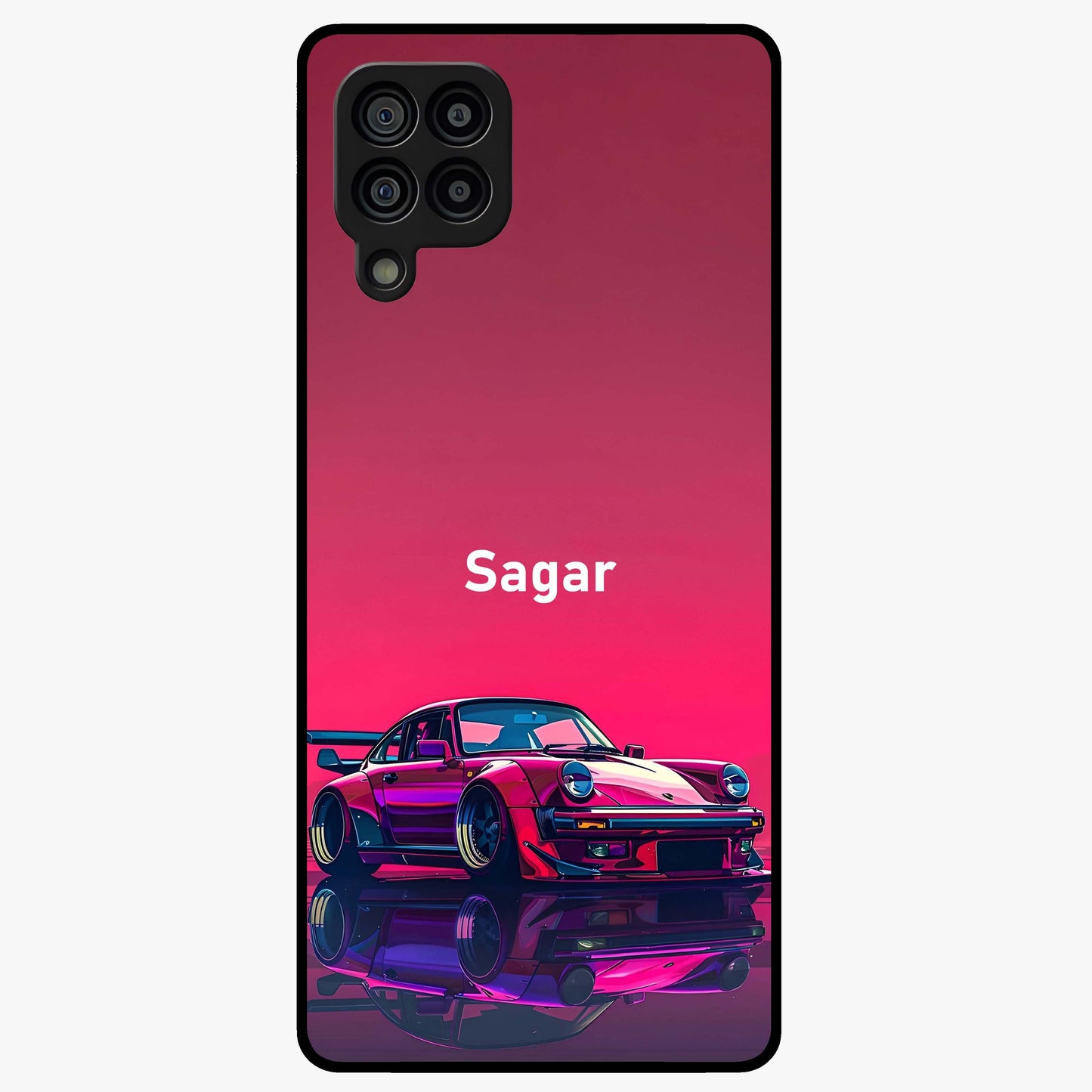 Neon Pink Porsche Glass Case showing flat back view with stylish sports car artwork and glossy glass finish.
