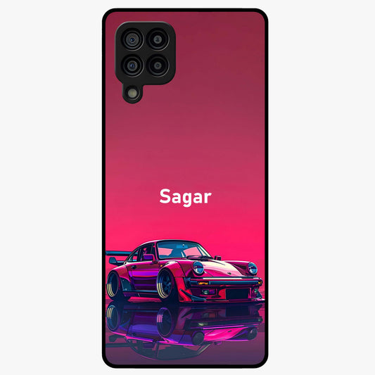 Neon Pink Porsche Glass Case showing flat back view with stylish sports car artwork and glossy glass finish.
