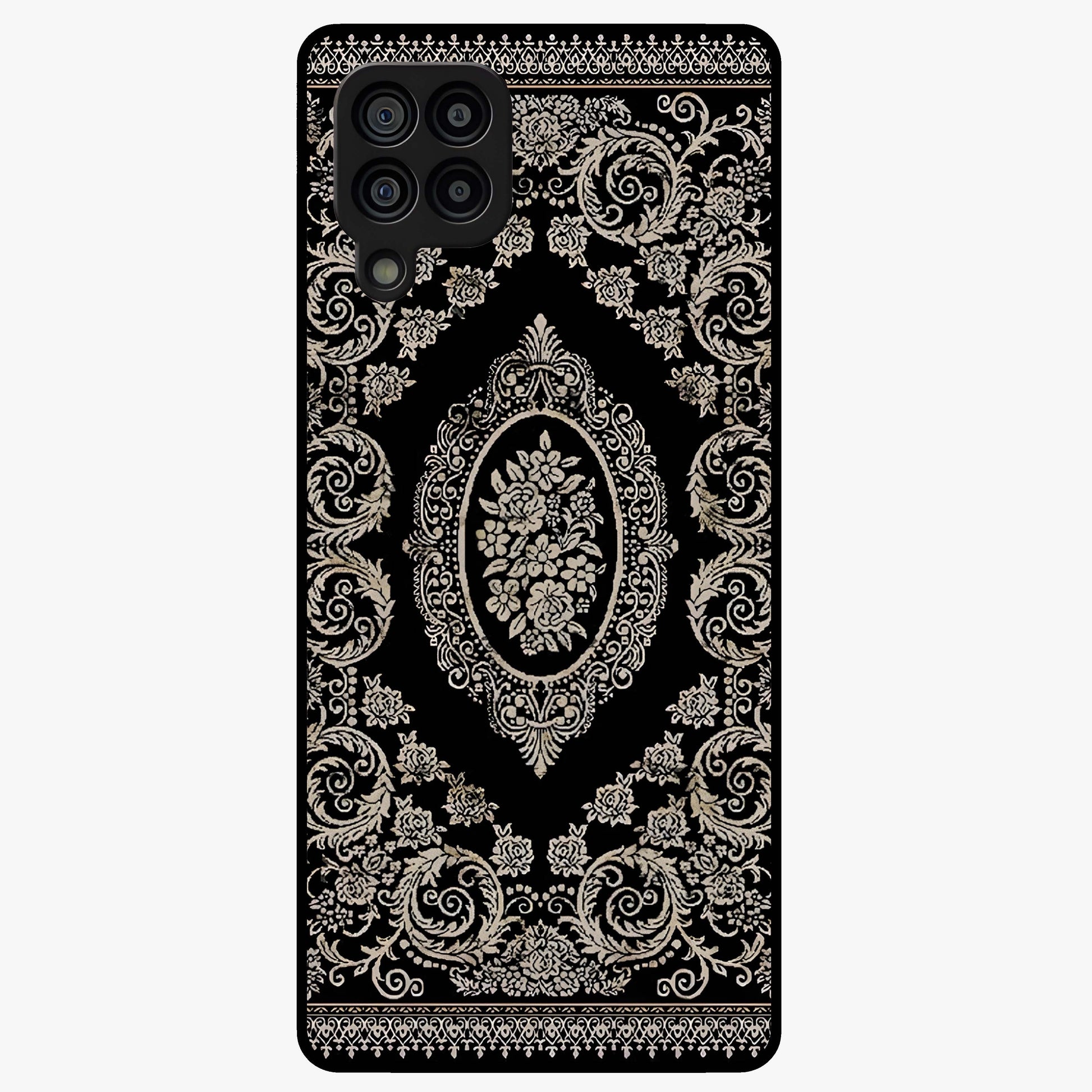 Noir Bloom Elegance Glass Case showing flat back view with elegant dark floral artwork and glossy glass finish.