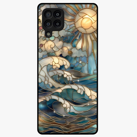Oceanic Stained Printed Glass Case showing flat back view with ocean inspired stained pattern artwork and glossy glass finish.