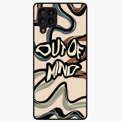 Out Of Mind Glass Case showing flat back view with expressive typography artwork and glossy glass finish.