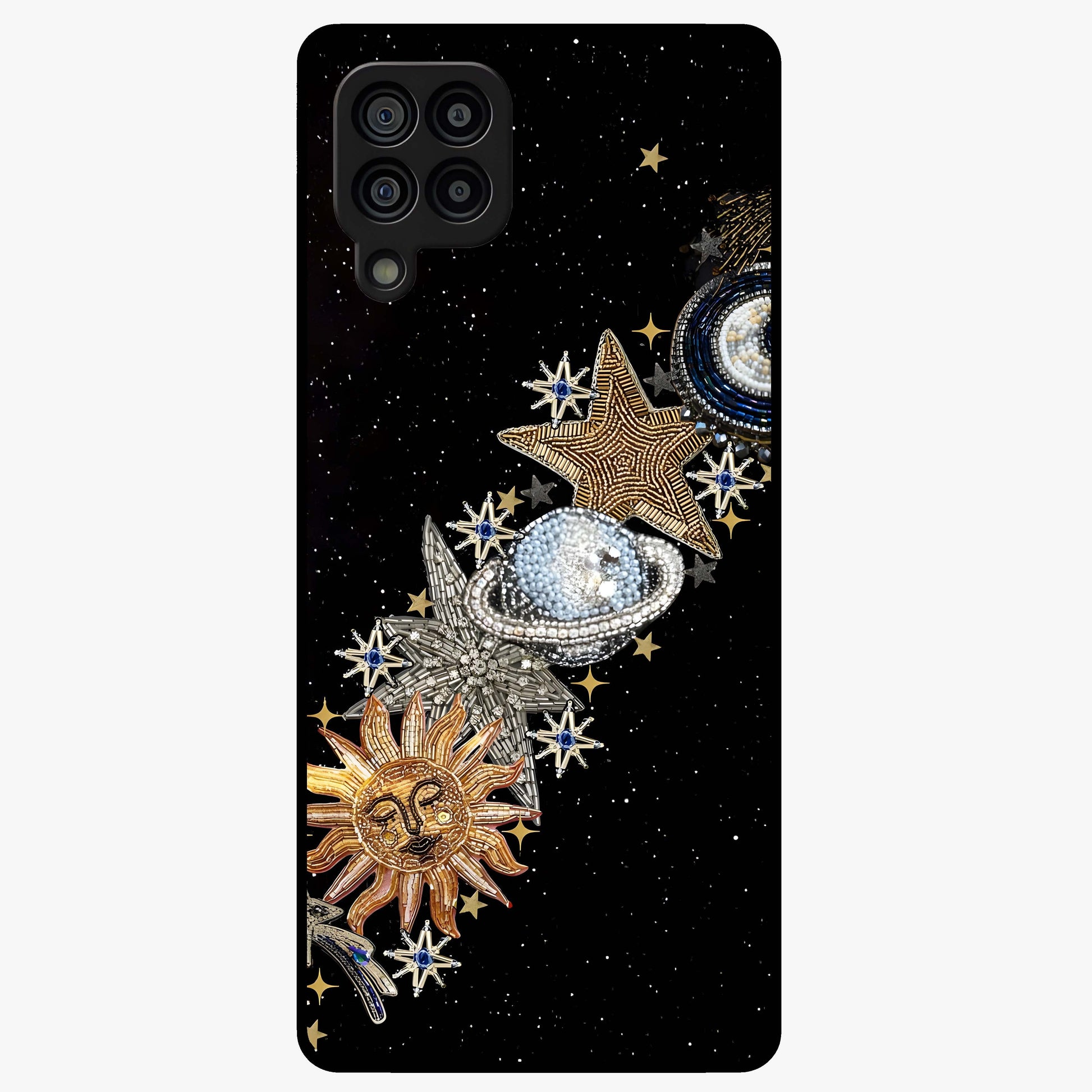 Pearls Universe Object Glass Case showing flat back view with pearl inspired cosmic artwork and glossy glass finish.
