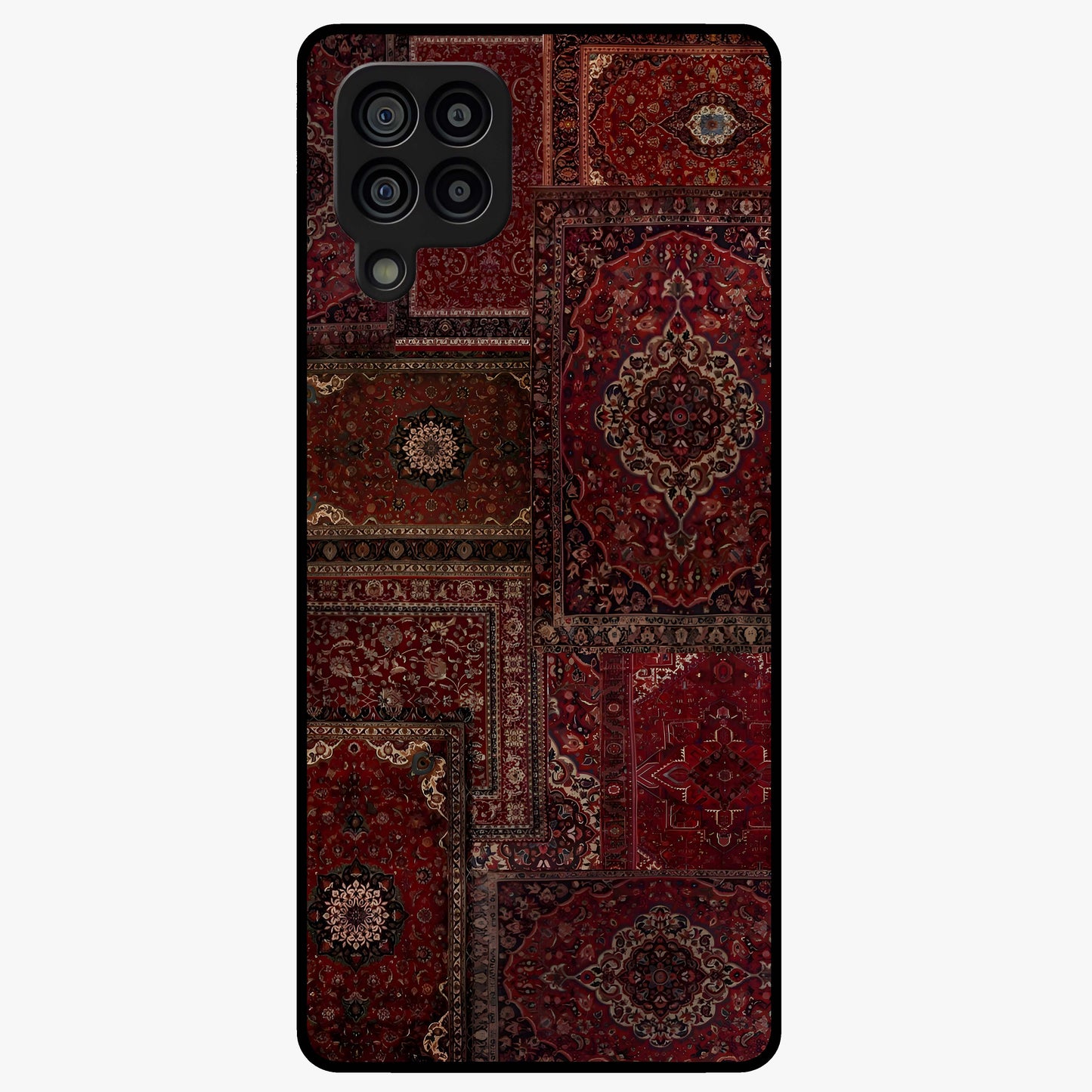 Persian Velvet Tale Glass Case showing flat back view with luxurious Persian velvet pattern artwork and glossy glass finish.