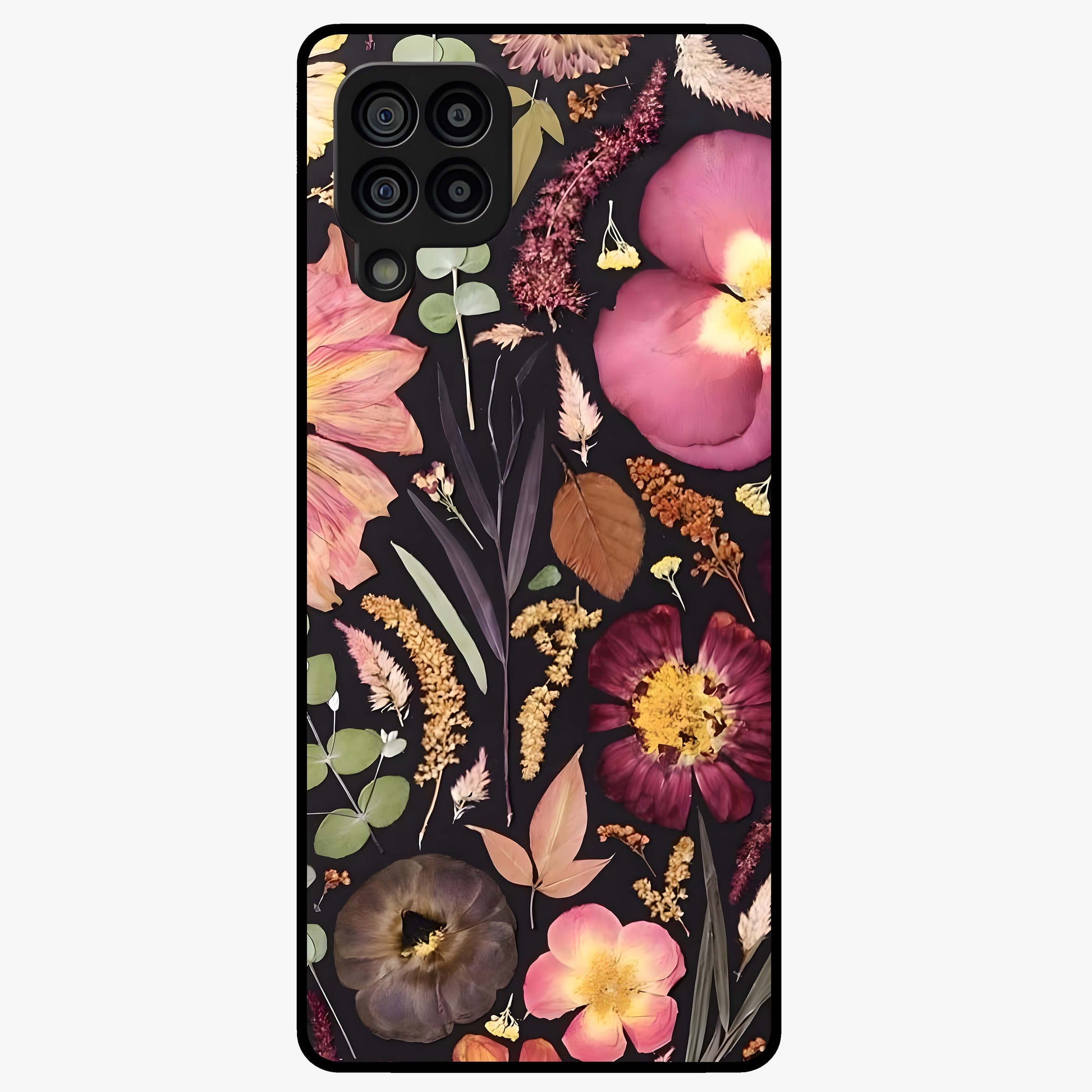 Petal Dream Tapestry Glass Case showing flat back view with intricate floral tapestry artwork and glossy glass finish.