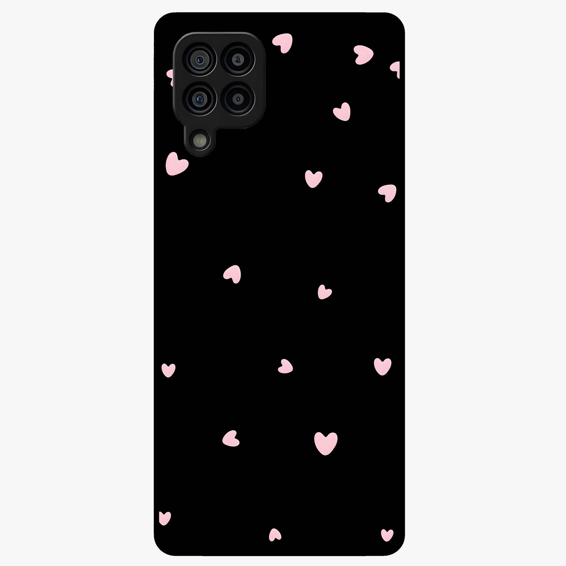 Pink Love Drops Glass Case showing flat back view with playful pink heart drops artwork and glossy glass finish.