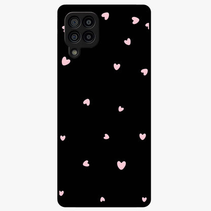 Pink Love Drops Glass Case showing flat back view with playful pink heart drops artwork and glossy glass finish.