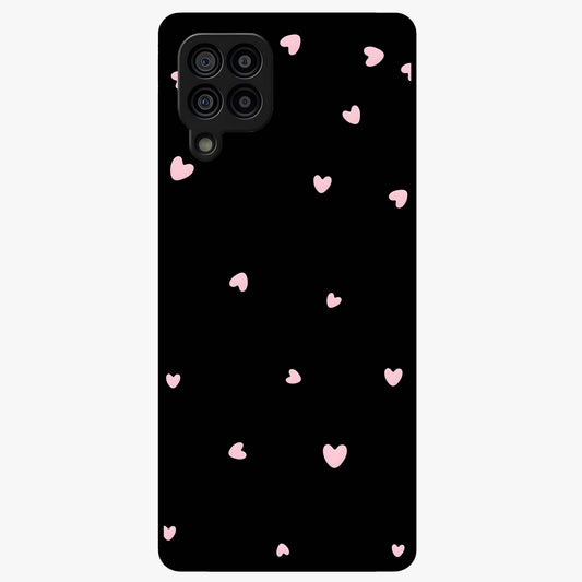 Pink Love Drops Glass Case showing flat back view with playful pink heart drops artwork and glossy glass finish.