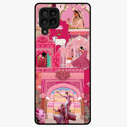 Pink Palace Muse Glass Case showing flat back view with elegant palace inspired artwork and glossy glass finish.