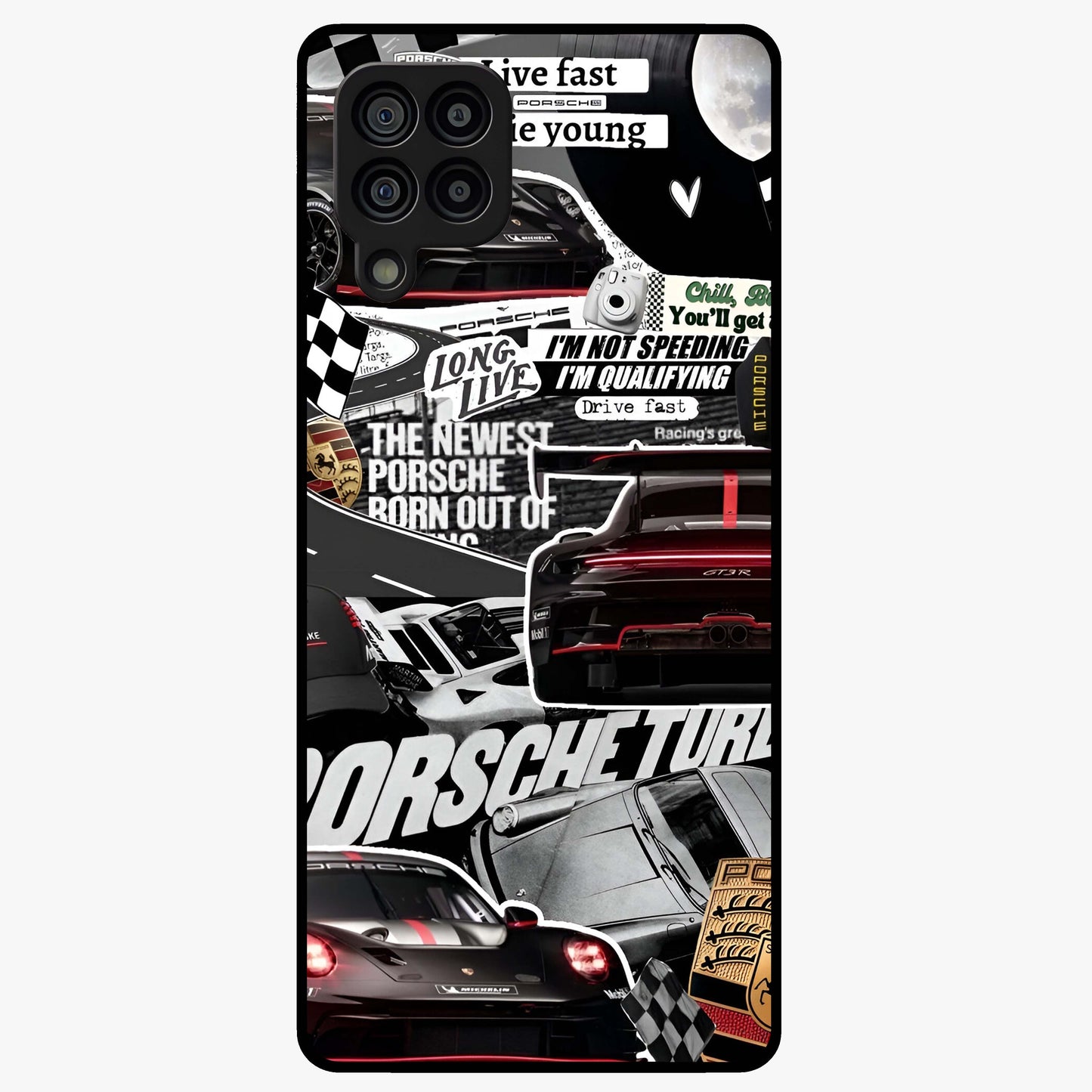 Porsche Racing Collage Glass Case showing flat back view with sports car racing collage artwork and glossy glass finish.