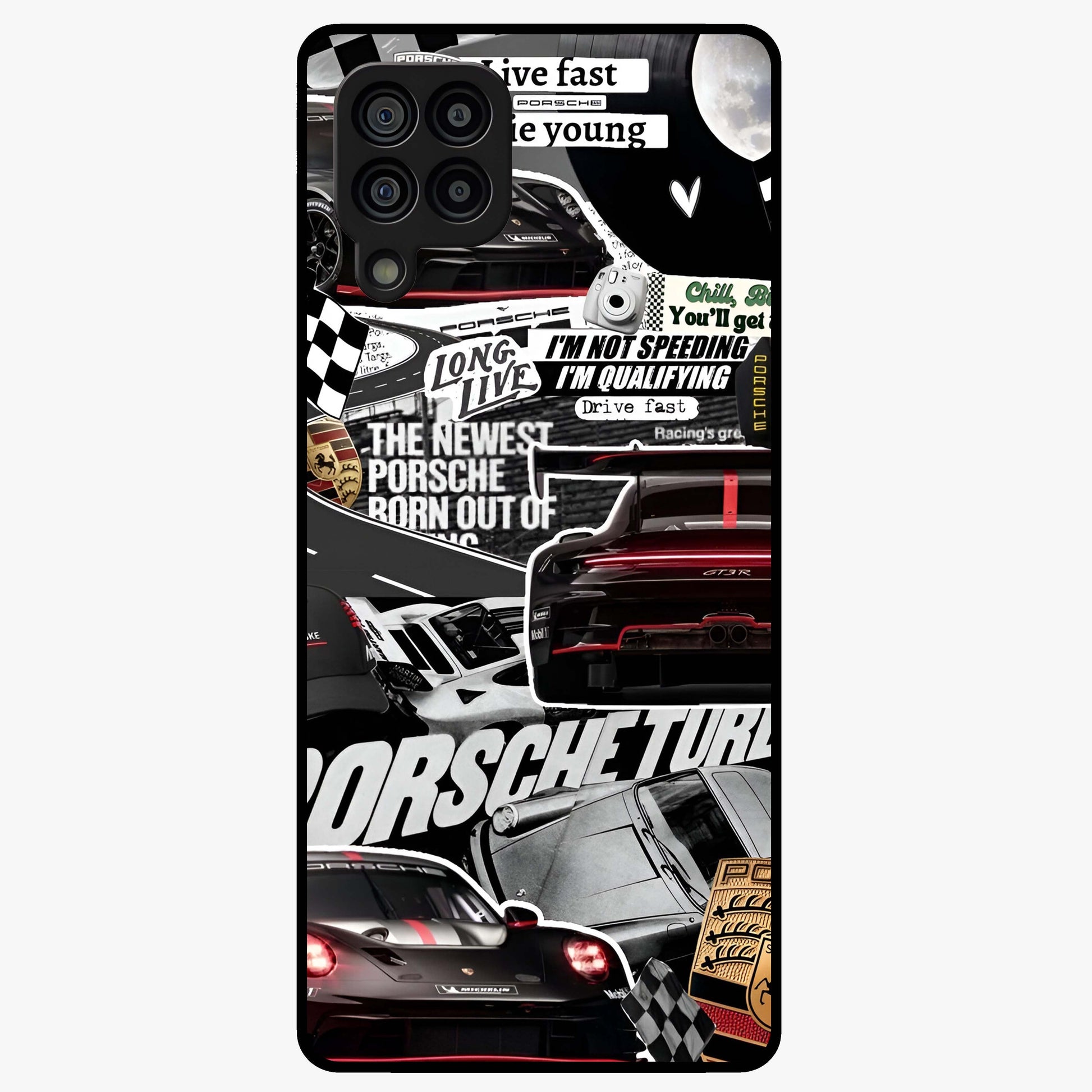 Porsche Racing Collage Glass Case showing flat back view with sports car racing collage artwork and glossy glass finish.