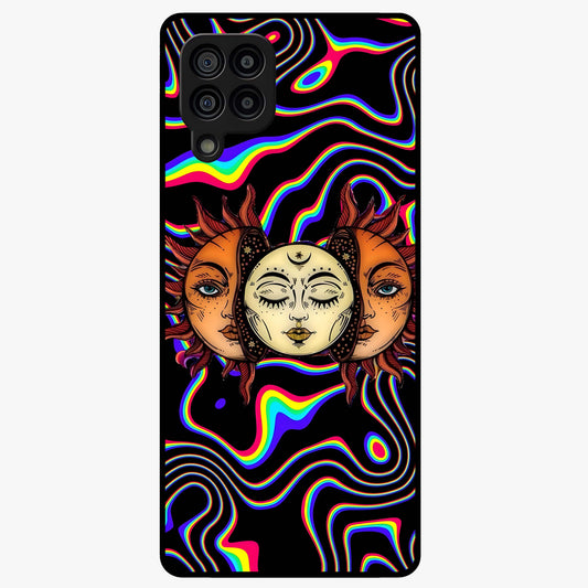Psychedelic Sun Glass Case showing flat back view with colorful psychedelic sun artwork and glossy glass finish.