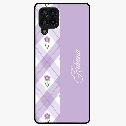 Purple Diamond Floral Glass Case showing flat back view with diamond shaped floral artwork and glossy glass finish.
