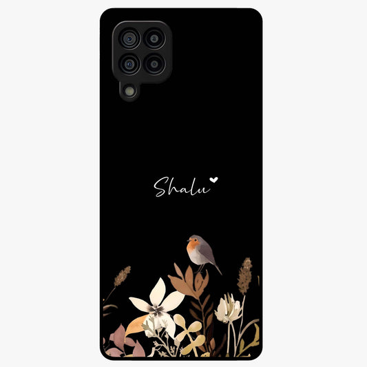 Quiet Garden Tune Custom Name Glass Case showing flat back view with peaceful garden artwork and personalized name design.