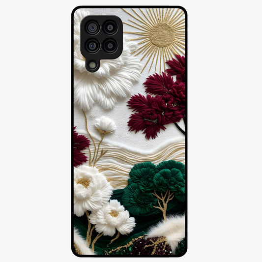 Radiant Bloom Elegance Glass Case showing flat back view with elegant blooming flower artwork and glossy glass finish.