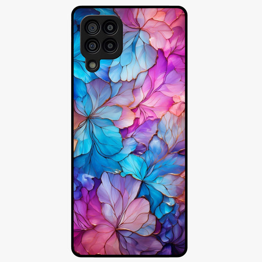 Radiant Floral Whirl Glass Case showing flat back view with swirling floral artwork and glossy glass finish.