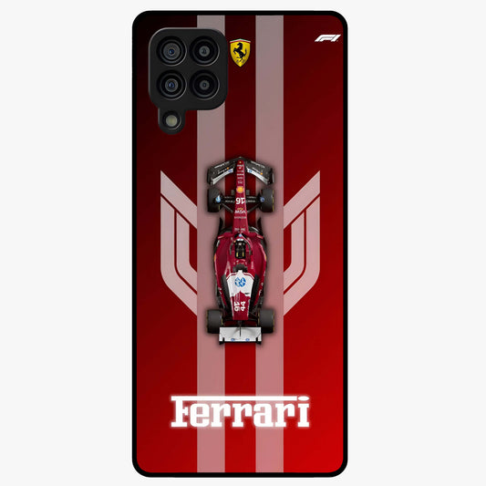 Red Ferrari F1 Vertical Glass Case showing flat back view with sleek Formula racing car artwork and glossy glass finish.