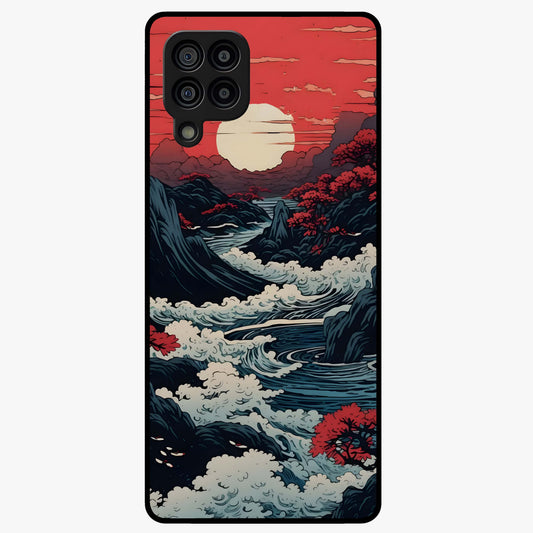 Red Sunset Scenery Glass Case showing flat back view with vibrant sunset landscape artwork and glossy glass finish.