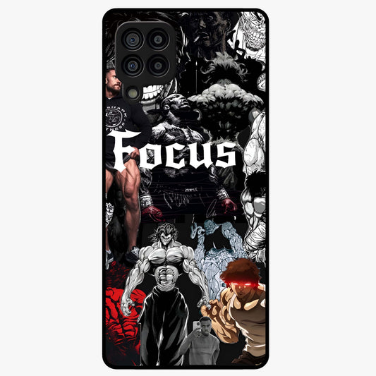 Relentless Power Focus Glass Case showing flat back view with motivational typography artwork and glossy glass finish.