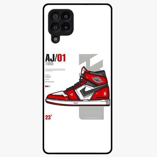 Retro Sneaker Blueprint Glass Case showing flat back view with sneaker blueprint style artwork and glossy glass finish.
