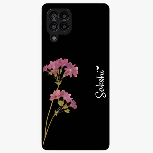 Riching Lavender Flower Custom Name Glass Case showing flat back view with lavender floral artwork and personalized name design.