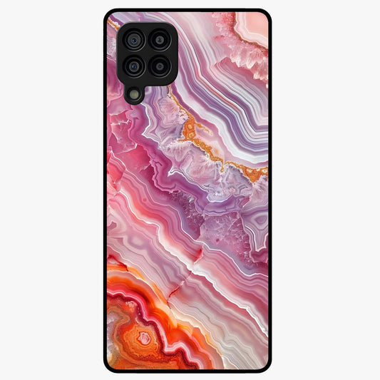 Rose Quartz Marble Glass Case showing flat back view with pink marble quartz texture artwork and glossy glass finish.