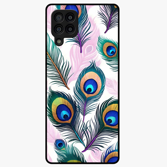 Royal Peacock Feathers Glass Case showing flat back view with colorful peacock feather artwork and glossy glass finish.