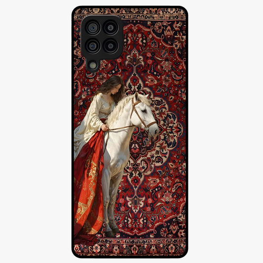 Royal Rider Tapestry Glass Case showing flat back view with majestic horse rider tapestry artwork and glossy glass finish.