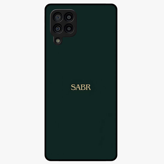 Sabr Minimal Patience Glass Case showing flat back view with minimalist typography artwork and glossy glass finish.