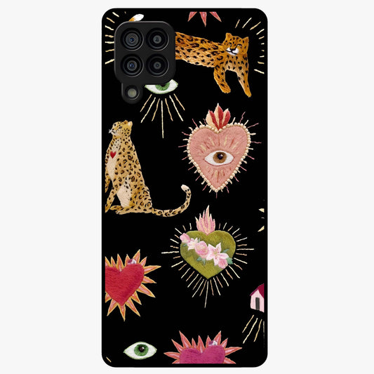 Sacred Jungle Heart Glass Case showing flat back view with jungle inspired heart artwork and glossy glass finish.